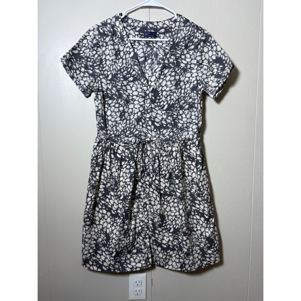 Gap Gray White Abstract Print Cotton Drawstring Dress 8 Grunge Casual Summer